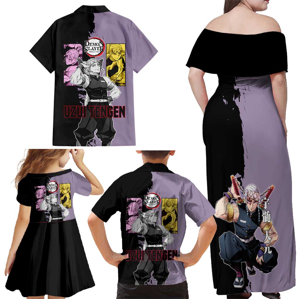 Tengen Uzui from Demon Slayer Family Matching Off Shoulder Maxi Dress and Hawaiian Shirt with Purple and Black Split Design and Dual Sword Manga Panel Layout - The Mazicc
