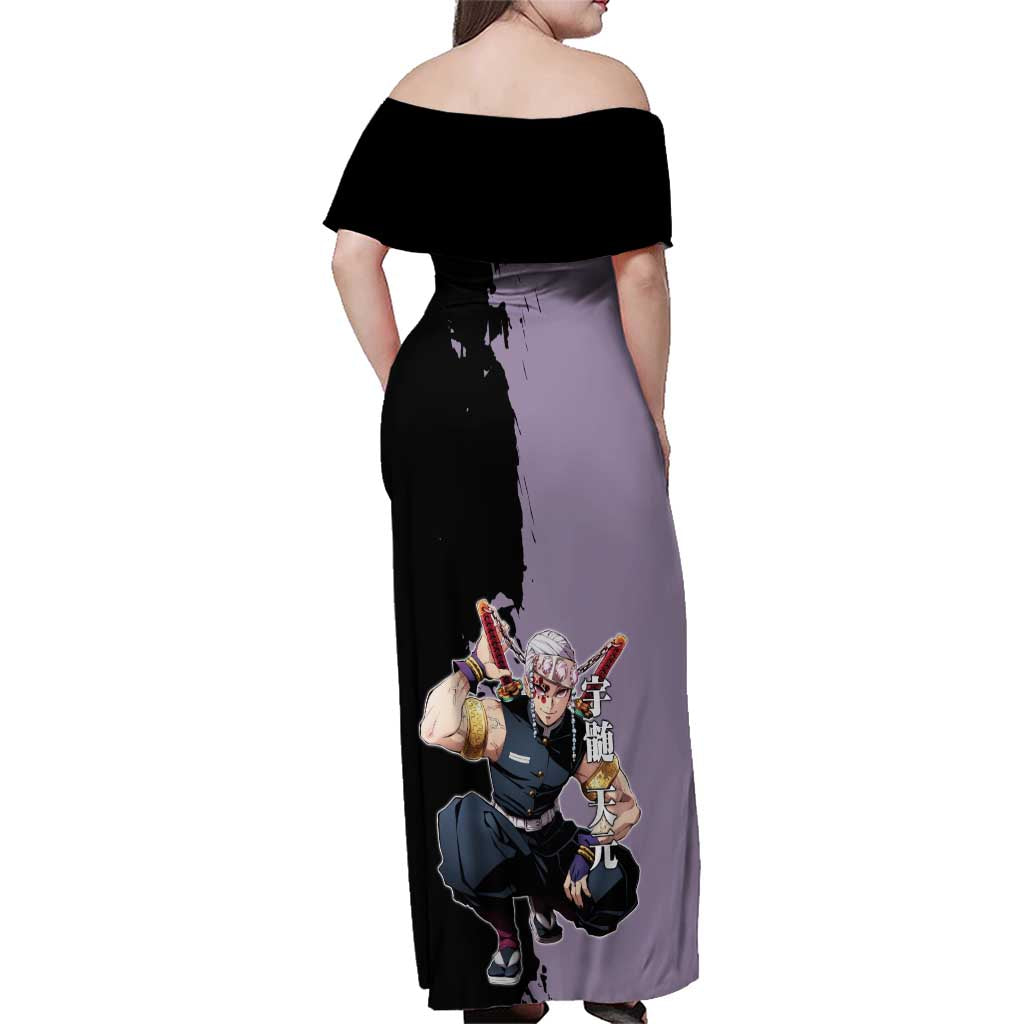 Tengen Uzui from Demon Slayer Family Matching Off Shoulder Maxi Dress and Hawaiian Shirt with Purple and Black Split Design and Dual Sword Manga Panel Layout - The Mazicc