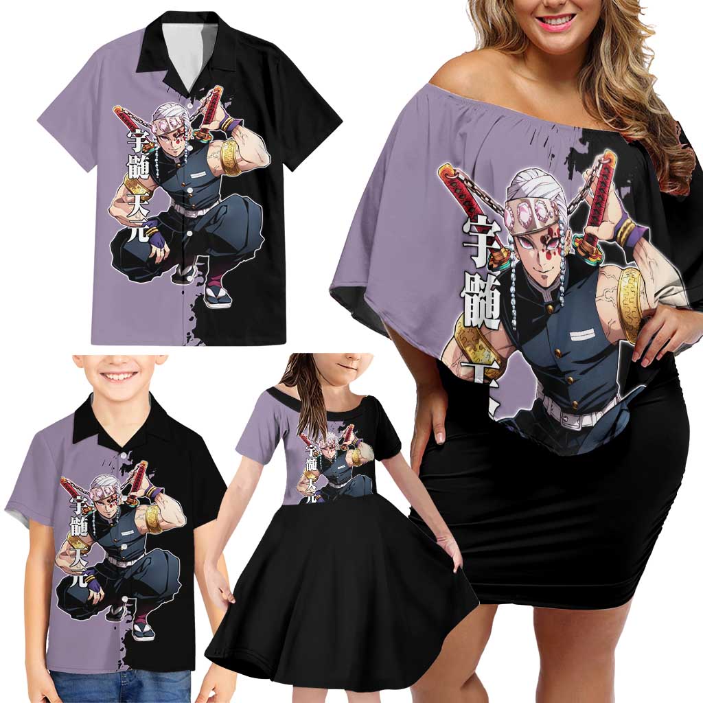 Tengen Uzui from Demon Slayer Family Matching Off Shoulder Short Dress and Hawaiian Shirt with Purple and Black Split Design and Dual Sword Manga Panel Layout - The Mazicc