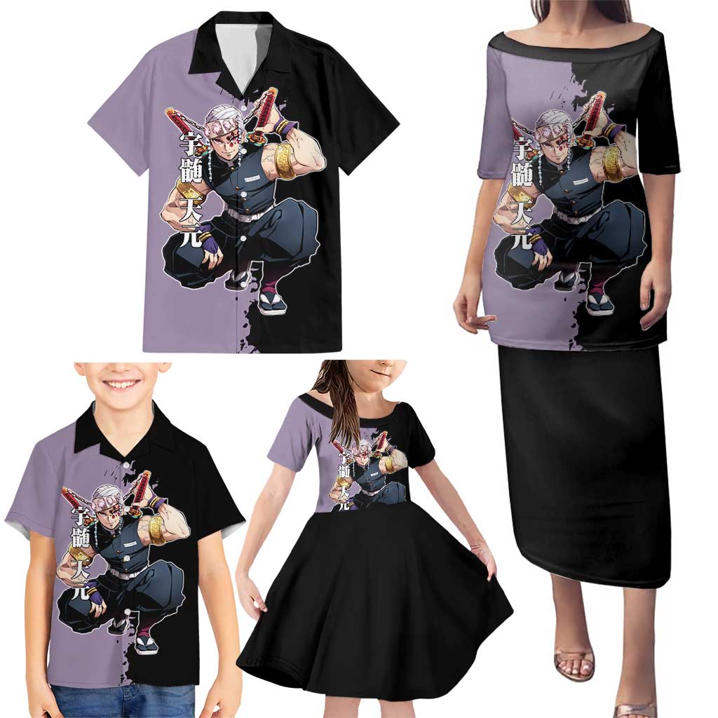 Tengen Uzui from Demon Slayer Family Matching Puletasi and Hawaiian Shirt with Purple and Black Split Design and Dual Sword Manga Panel Layout - The Mazicc