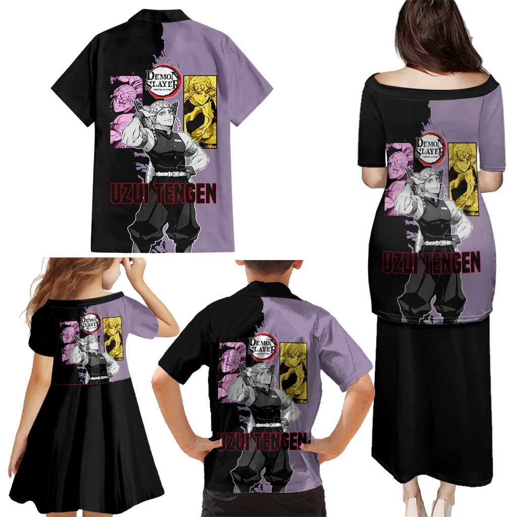Tengen Uzui from Demon Slayer Family Matching Puletasi and Hawaiian Shirt with Purple and Black Split Design and Dual Sword Manga Panel Layout - The Mazicc