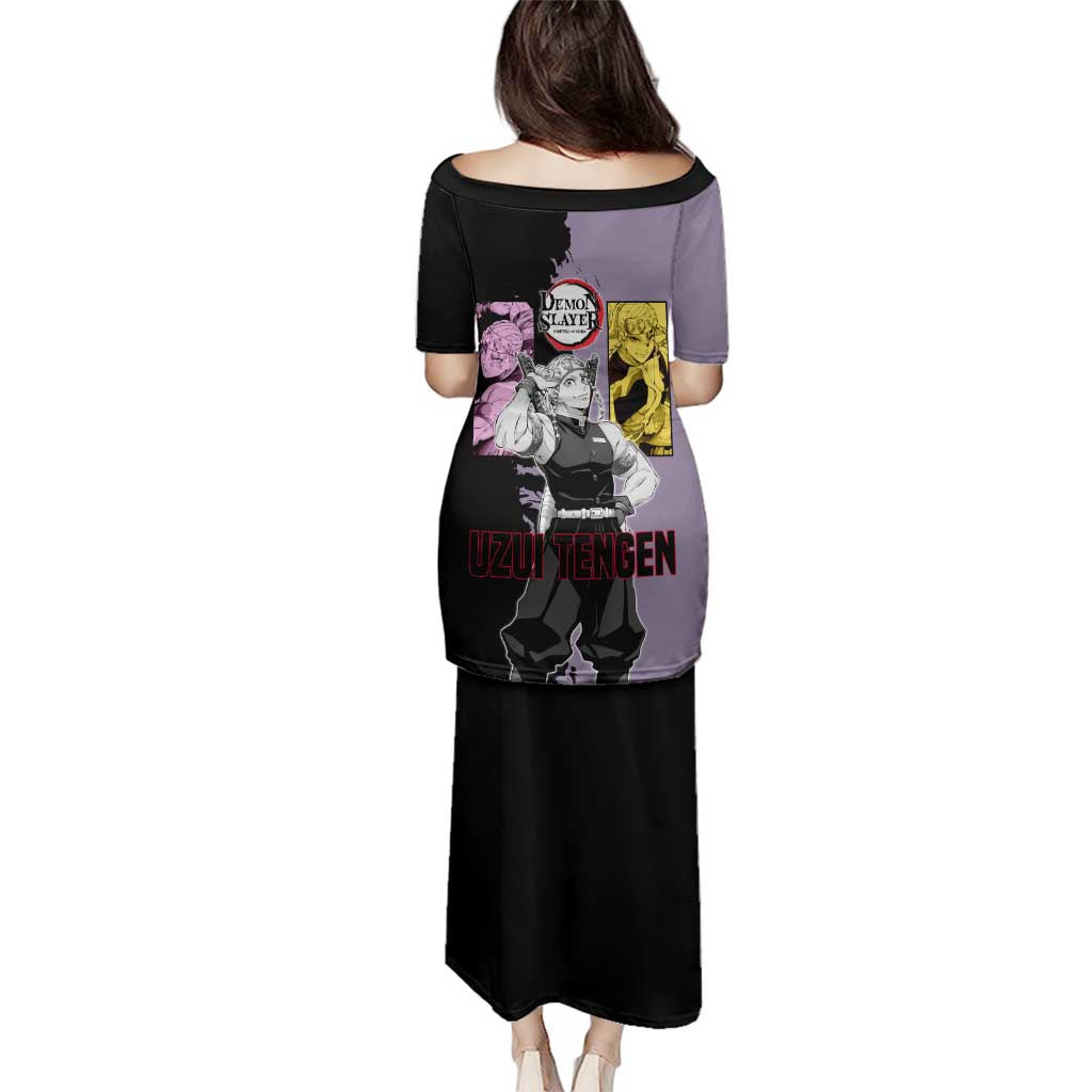 Tengen Uzui from Demon Slayer Family Matching Puletasi and Hawaiian Shirt with Purple and Black Split Design and Dual Sword Manga Panel Layout - The Mazicc