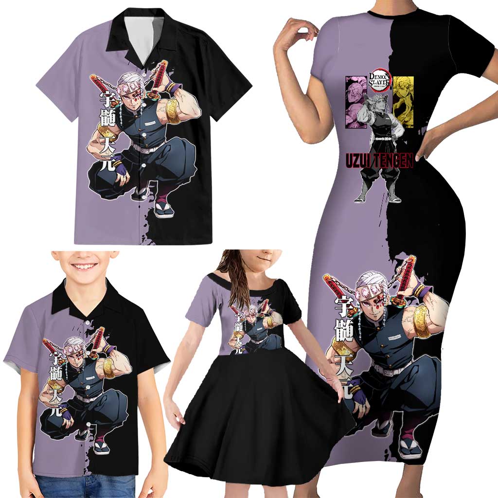 Tengen Uzui from Demon Slayer Family Matching Short Sleeve Bodycon Dress and Hawaiian Shirt with Purple and Black Split Design and Dual Sword Manga Panel Layout - The Mazicc