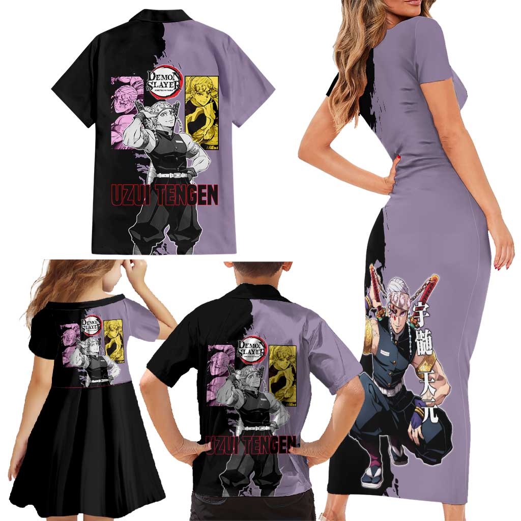 Tengen Uzui from Demon Slayer Family Matching Short Sleeve Bodycon Dress and Hawaiian Shirt with Purple and Black Split Design and Dual Sword Manga Panel Layout - The Mazicc