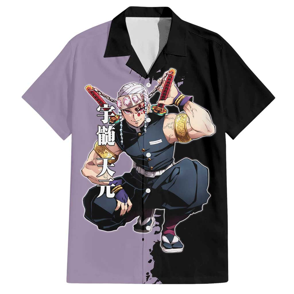 Tengen Uzui from Demon Slayer Family Matching Short Sleeve Bodycon Dress and Hawaiian Shirt with Purple and Black Split Design and Dual Sword Manga Panel Layout - The Mazicc