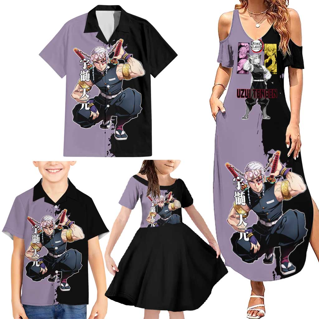 Tengen Uzui from Demon Slayer Family Matching Summer Maxi Dress and Hawaiian Shirt with Purple and Black Split Design and Dual Sword Manga Panel Layout - The Mazicc