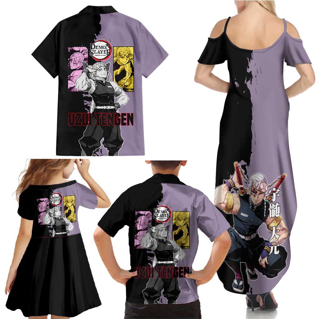 Tengen Uzui from Demon Slayer Family Matching Summer Maxi Dress and Hawaiian Shirt with Purple and Black Split Design and Dual Sword Manga Panel Layout - The Mazicc