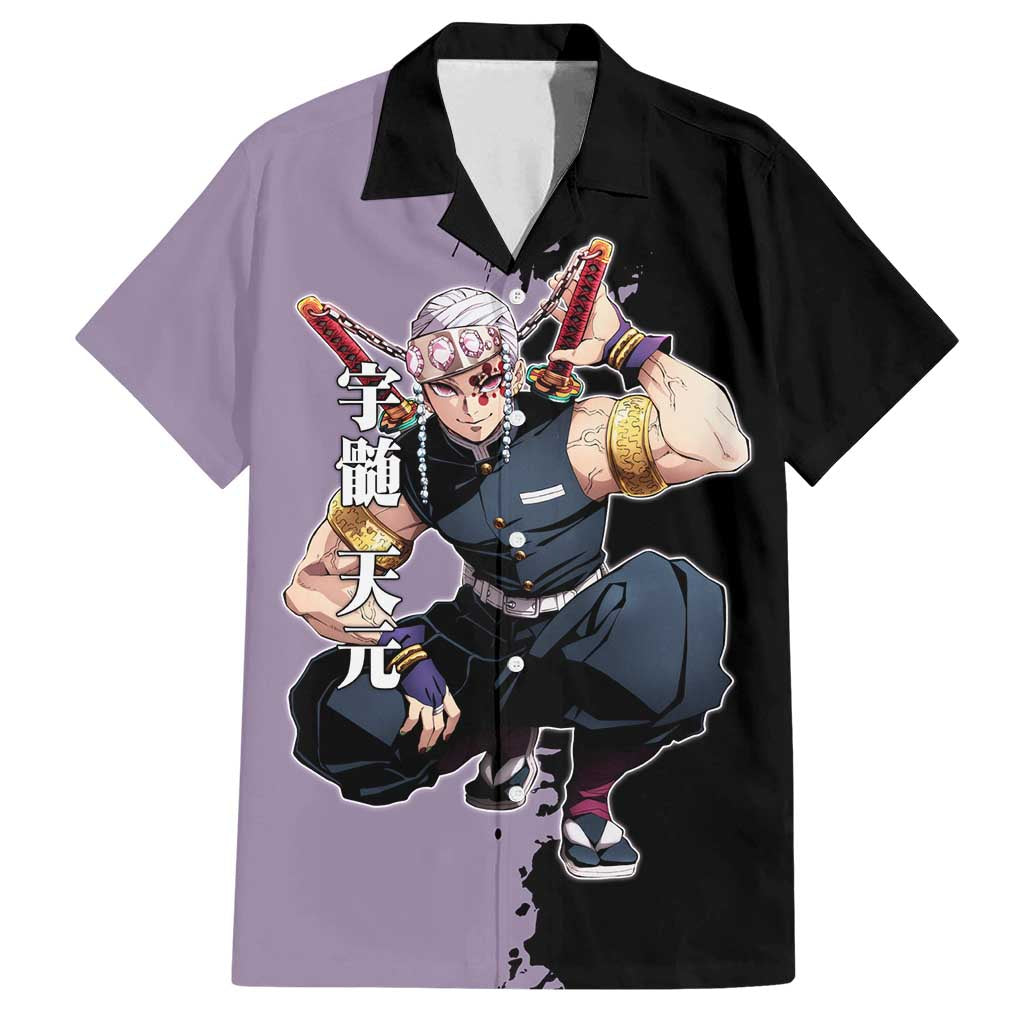 Tengen Uzui from Demon Slayer Family Matching Summer Maxi Dress and Hawaiian Shirt with Purple and Black Split Design and Dual Sword Manga Panel Layout - The Mazicc