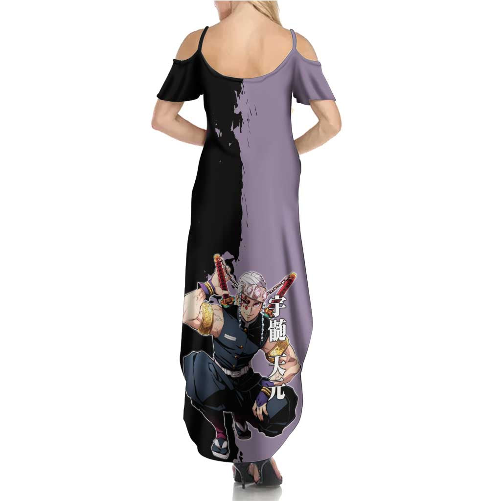 Tengen Uzui from Demon Slayer Family Matching Summer Maxi Dress and Hawaiian Shirt with Purple and Black Split Design and Dual Sword Manga Panel Layout - The Mazicc