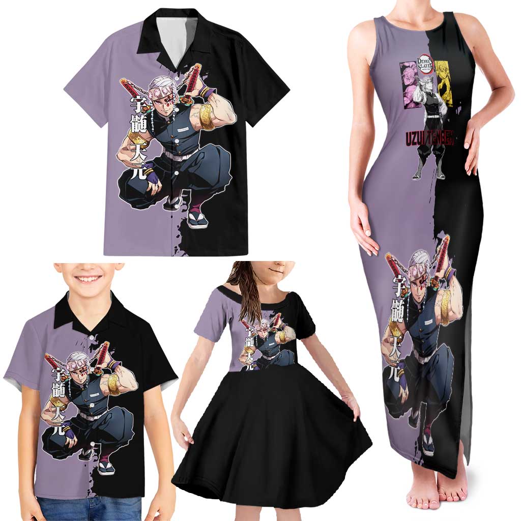 Tengen Uzui from Demon Slayer Family Matching Tank Maxi Dress and Hawaiian Shirt with Purple and Black Split Design and Dual Sword Manga Panel Layout - The Mazicc