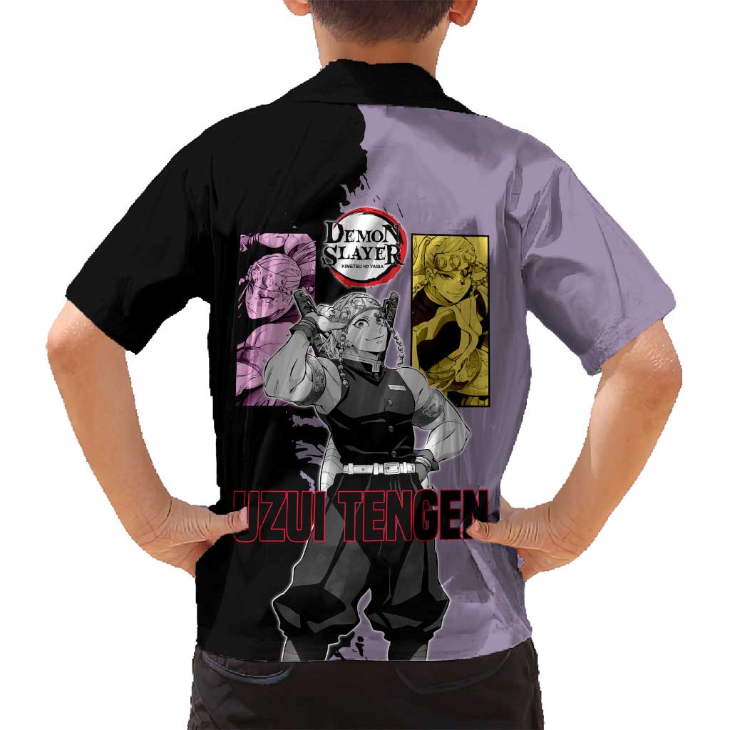 Tengen Uzui from Demon Slayer Family Matching Tank Maxi Dress and Hawaiian Shirt with Purple and Black Split Design and Dual Sword Manga Panel Layout - The Mazicc