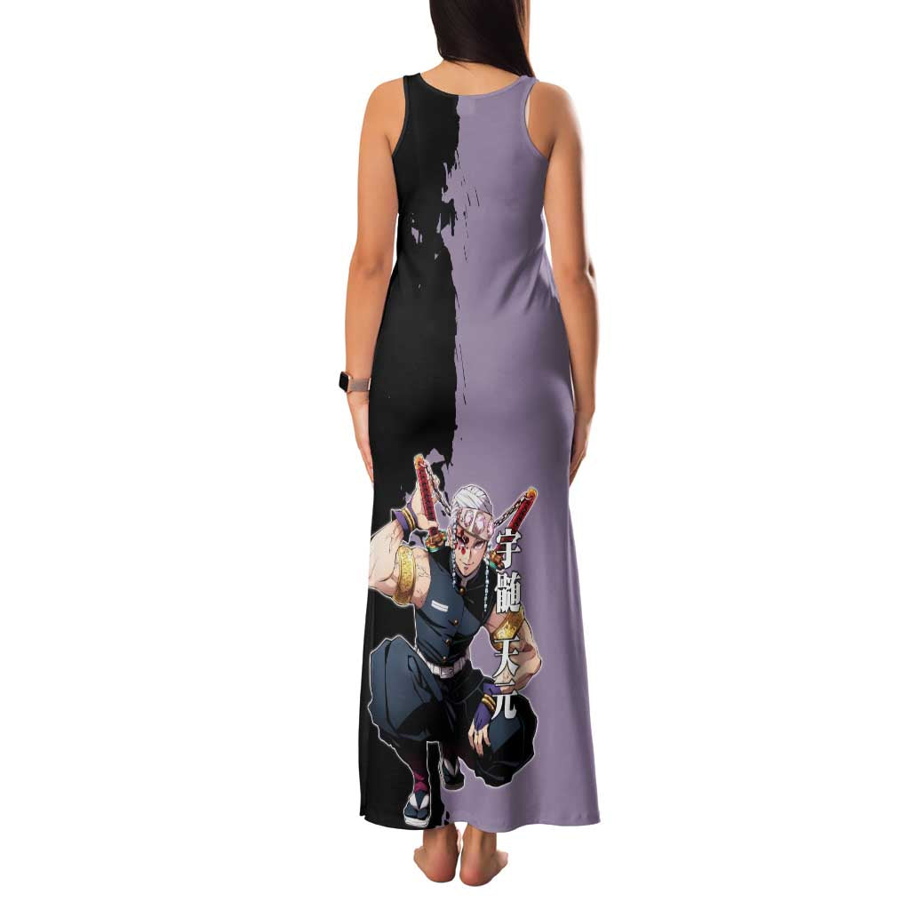 Tengen Uzui from Demon Slayer Family Matching Tank Maxi Dress and Hawaiian Shirt with Purple and Black Split Design and Dual Sword Manga Panel Layout - The Mazicc