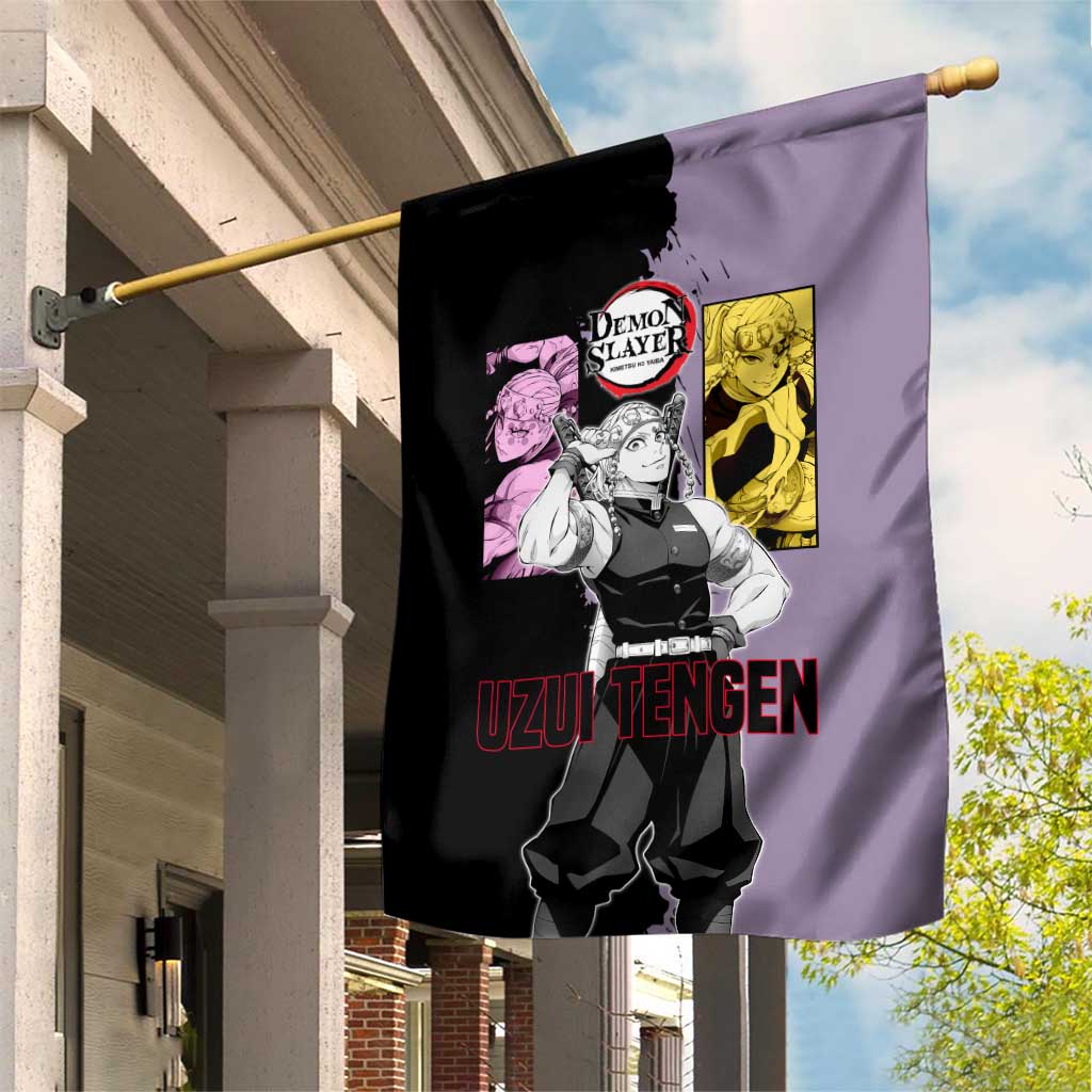 Tengen Uzui from Demon Slayer Garden Flag with Purple and Black Split Design and Dual Sword Manga Panel Layout - The Mazicc