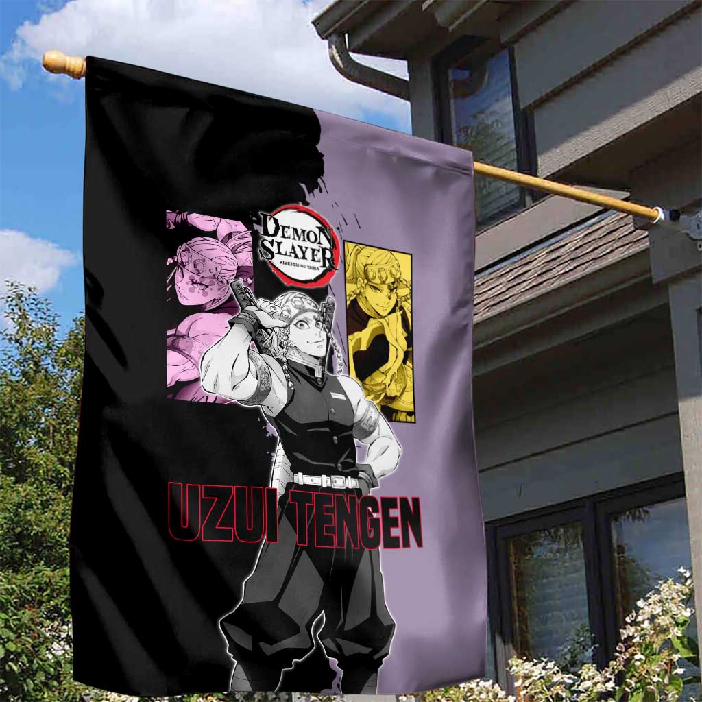 Tengen Uzui from Demon Slayer Garden Flag with Purple and Black Split Design and Dual Sword Manga Panel Layout - The Mazicc