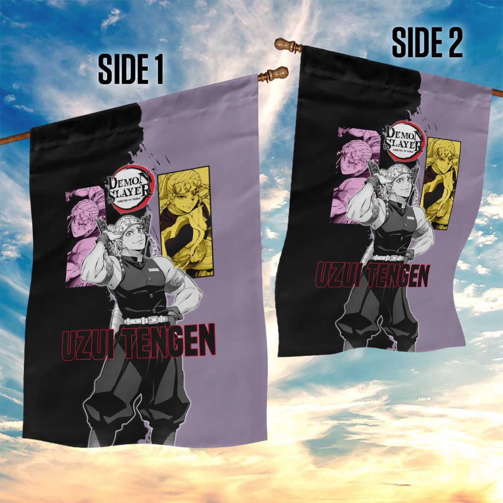 Tengen Uzui from Demon Slayer Garden Flag with Purple and Black Split Design and Dual Sword Manga Panel Layout - The Mazicc
