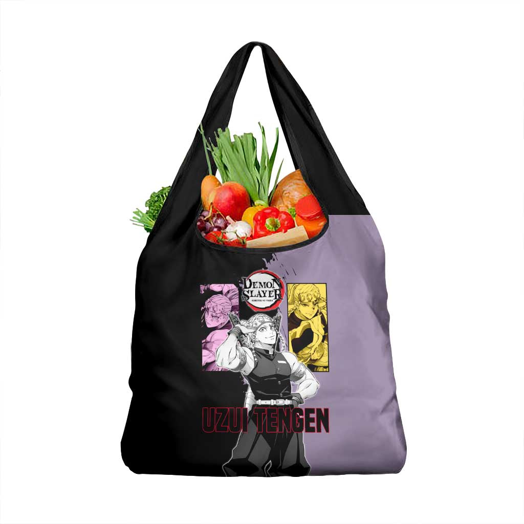 Tengen Uzui from Demon Slayer Grocery Bag with Purple and Black Split Design and Dual Sword Manga Panel Layout - The Mazicc