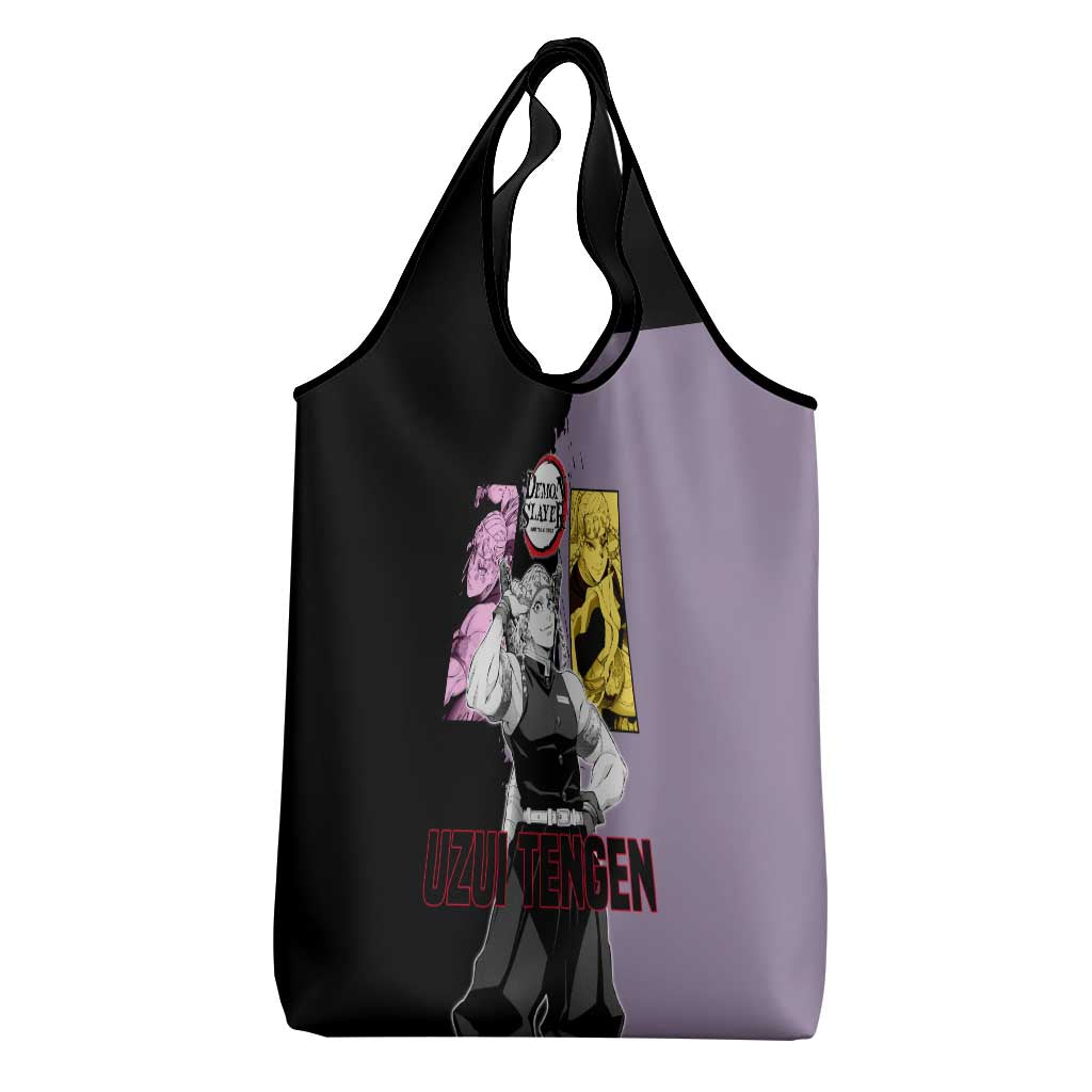Tengen Uzui from Demon Slayer Grocery Bag with Purple and Black Split Design and Dual Sword Manga Panel Layout - The Mazicc
