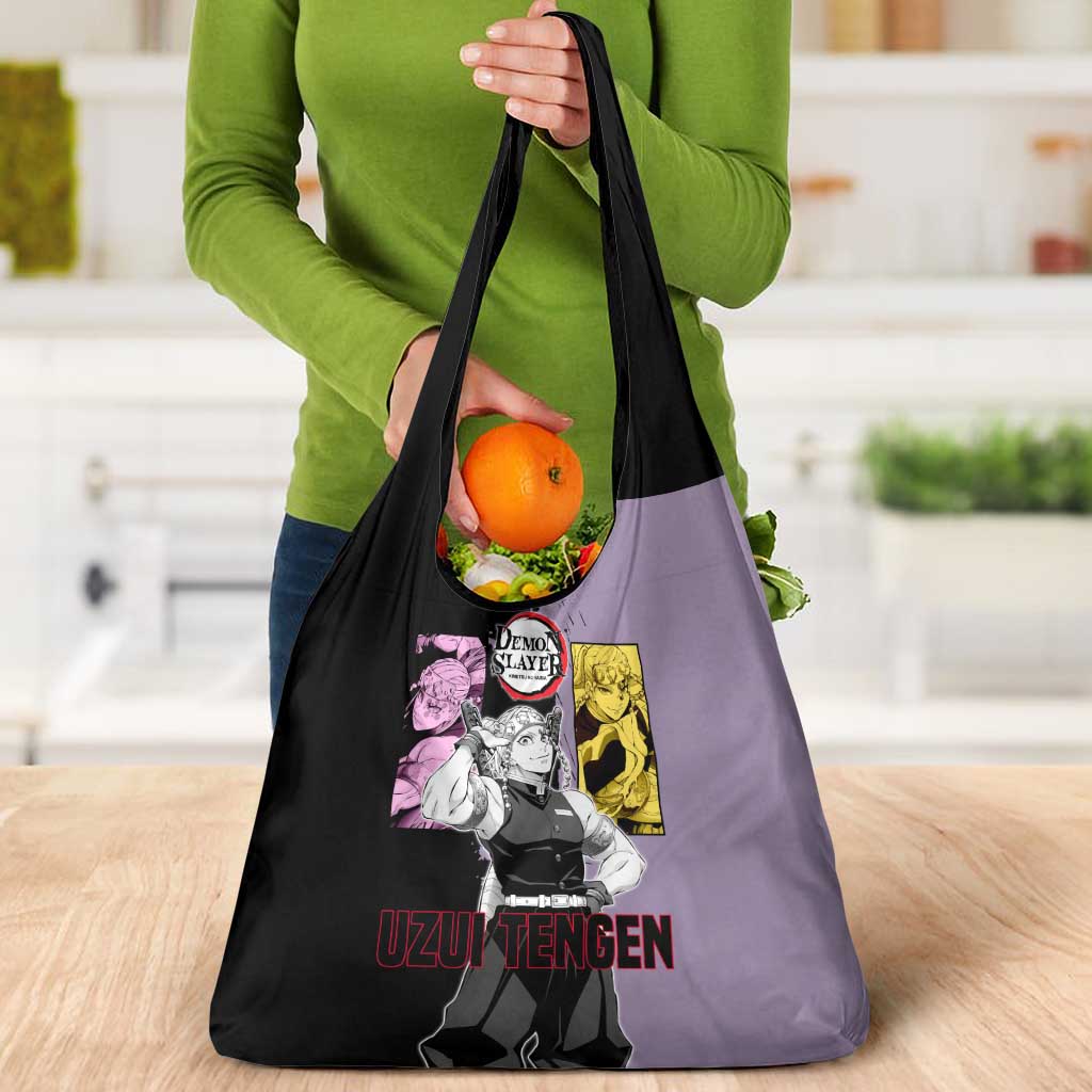 Tengen Uzui from Demon Slayer Grocery Bag with Purple and Black Split Design and Dual Sword Manga Panel Layout - The Mazicc