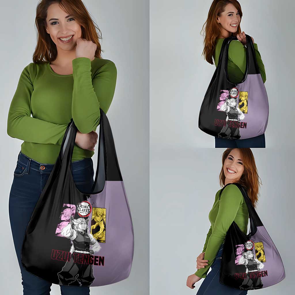 Tengen Uzui from Demon Slayer Grocery Bag with Purple and Black Split Design and Dual Sword Manga Panel Layout - The Mazicc