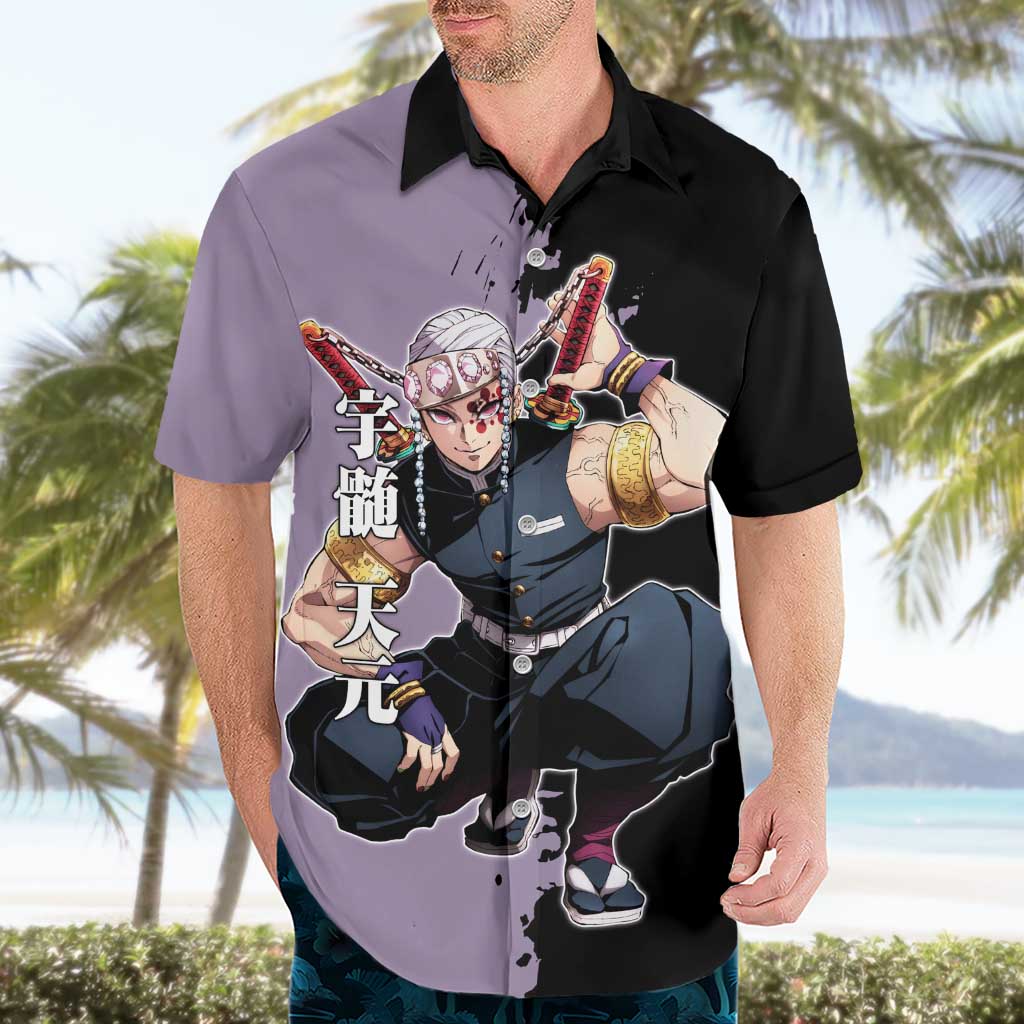 Tengen Uzui from Demon Slayer Hawaiian Shirt with Purple and Black Split Design and Dual Sword Manga Panel Layout - The Mazicc