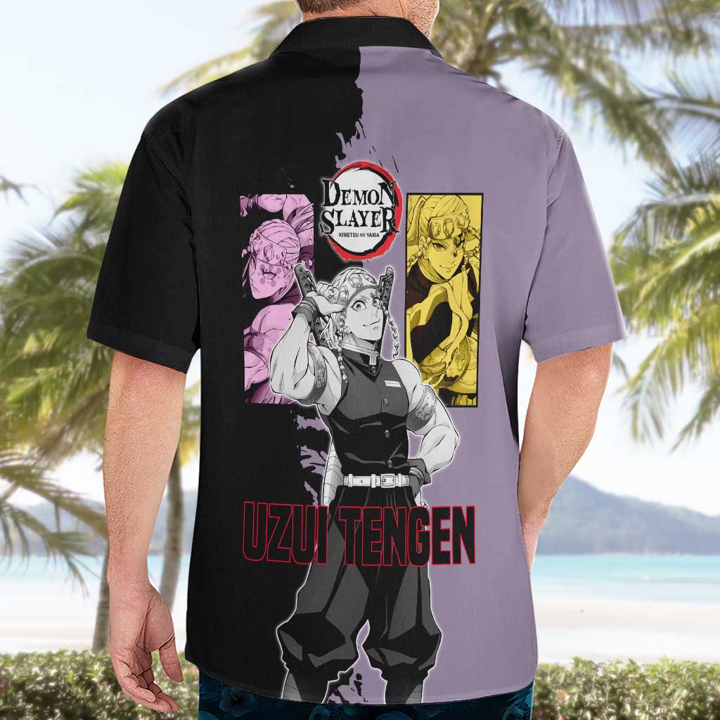 Tengen Uzui from Demon Slayer Hawaiian Shirt with Purple and Black Split Design and Dual Sword Manga Panel Layout - The Mazicc