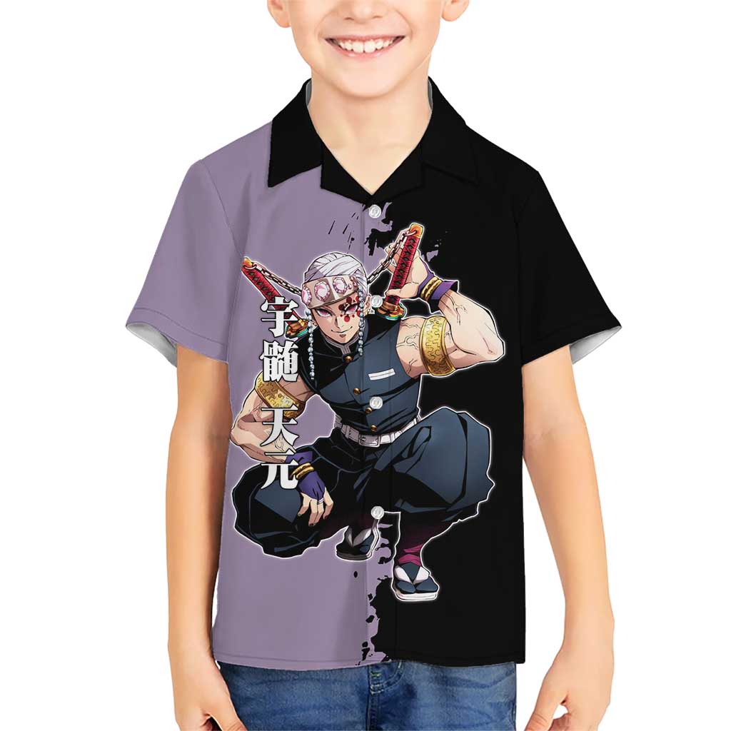 Tengen Uzui from Demon Slayer Hawaiian Shirt with Purple and Black Split Design and Dual Sword Manga Panel Layout - The Mazicc