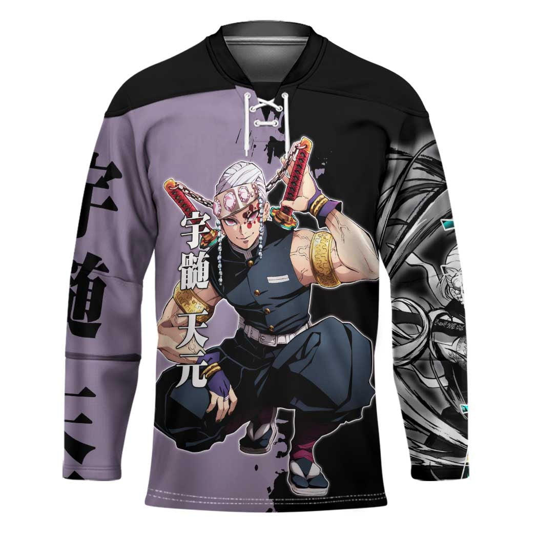 Tengen Uzui from Demon Slayer Hockey Jersey with Purple and Black Split Design and Dual Sword Manga Panel Layout - The Mazicc