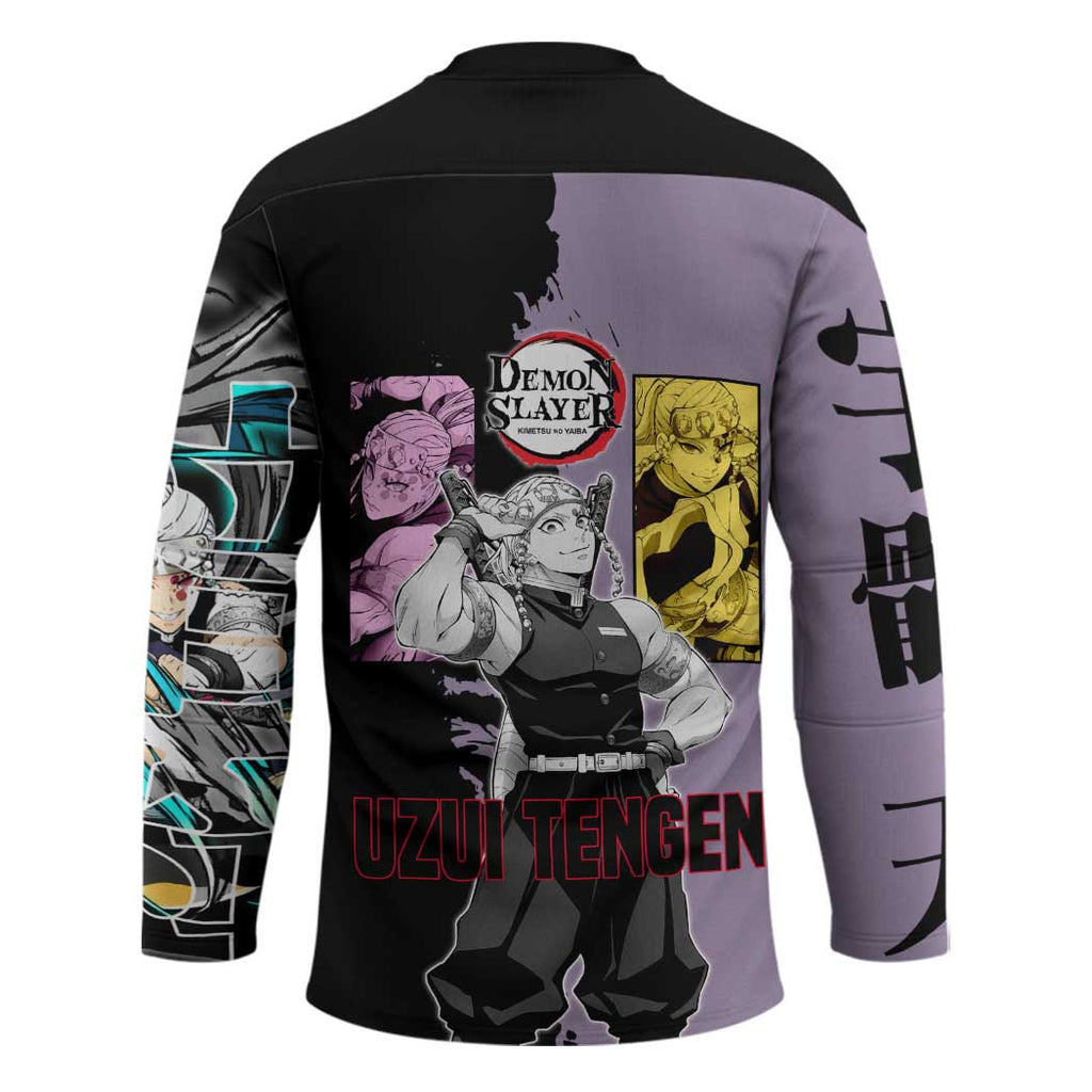 Tengen Uzui from Demon Slayer Hockey Jersey with Purple and Black Split Design and Dual Sword Manga Panel Layout - The Mazicc
