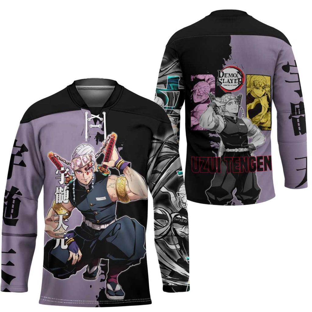 Tengen Uzui from Demon Slayer Hockey Jersey with Purple and Black Split Design and Dual Sword Manga Panel Layout - The Mazicc