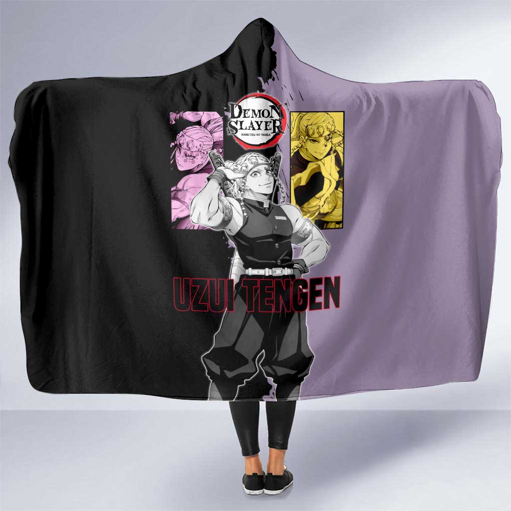 Tengen Uzui from Demon Slayer Hooded Blanket with Purple and Black Split Design and Dual Sword Manga Panel Layout - The Mazicc