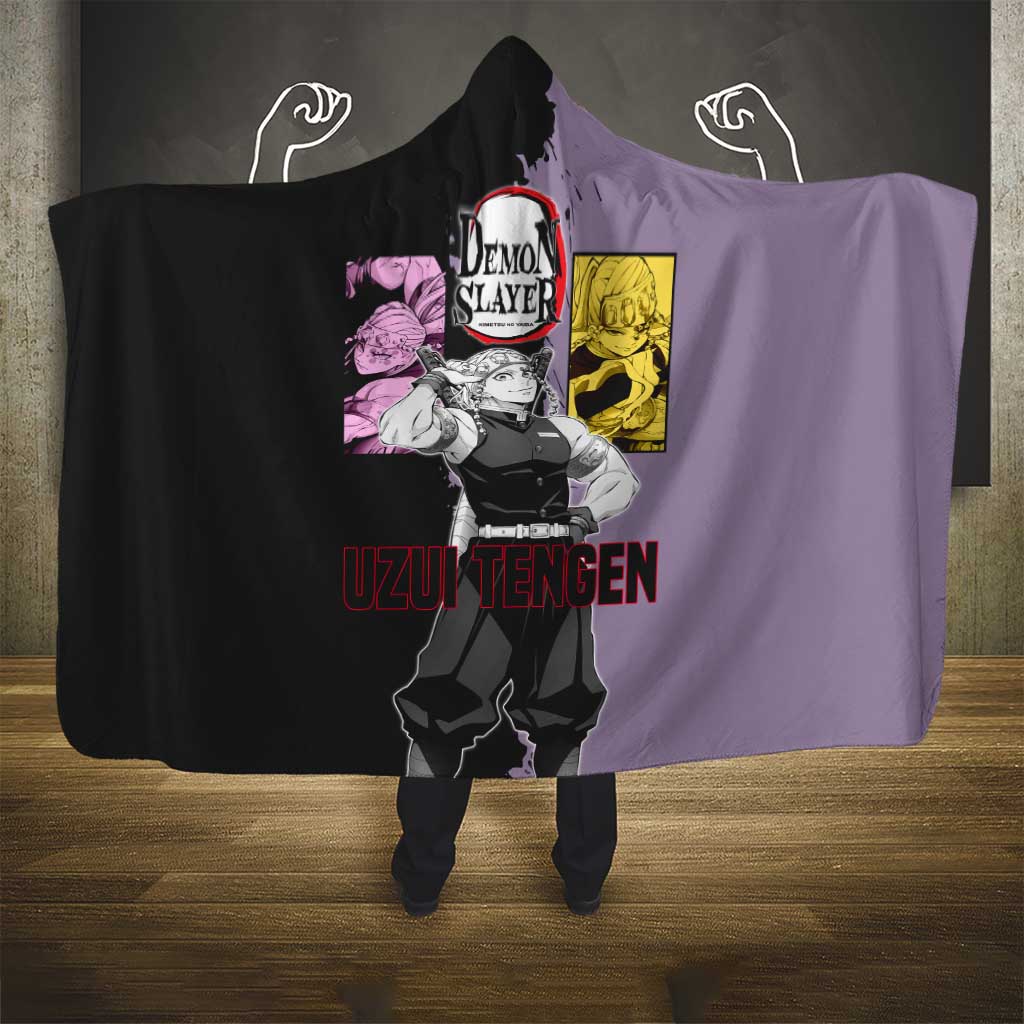 Tengen Uzui from Demon Slayer Hooded Blanket with Purple and Black Split Design and Dual Sword Manga Panel Layout - The Mazicc