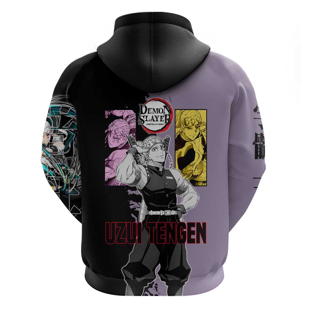 Tengen Uzui from Demon Slayer Hoodie with Purple and Black Split Design and Dual Sword Manga Panel Layout - The Mazicc