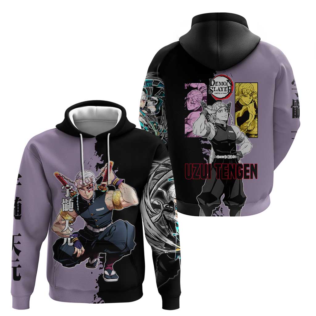 Tengen Uzui from Demon Slayer Hoodie with Purple and Black Split Design and Dual Sword Manga Panel Layout - The Mazicc