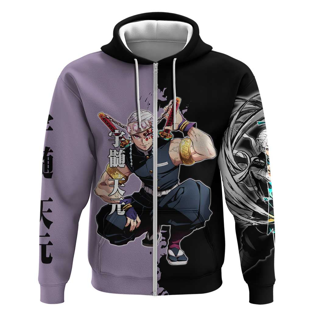 Tengen Uzui from Demon Slayer Hoodie with Purple and Black Split Design and Dual Sword Manga Panel Layout - The Mazicc