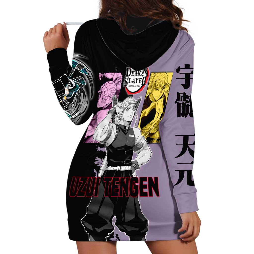 Tengen Uzui from Demon Slayer Hoodie Dress with Purple and Black Split Design and Dual Sword Manga Panel Layout - The Mazicc