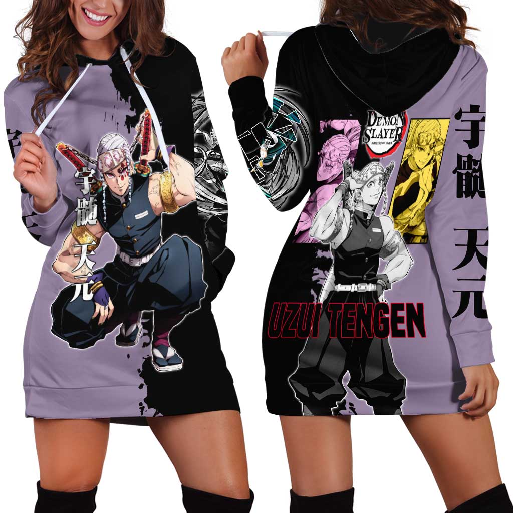 Tengen Uzui from Demon Slayer Hoodie Dress with Purple and Black Split Design and Dual Sword Manga Panel Layout - The Mazicc