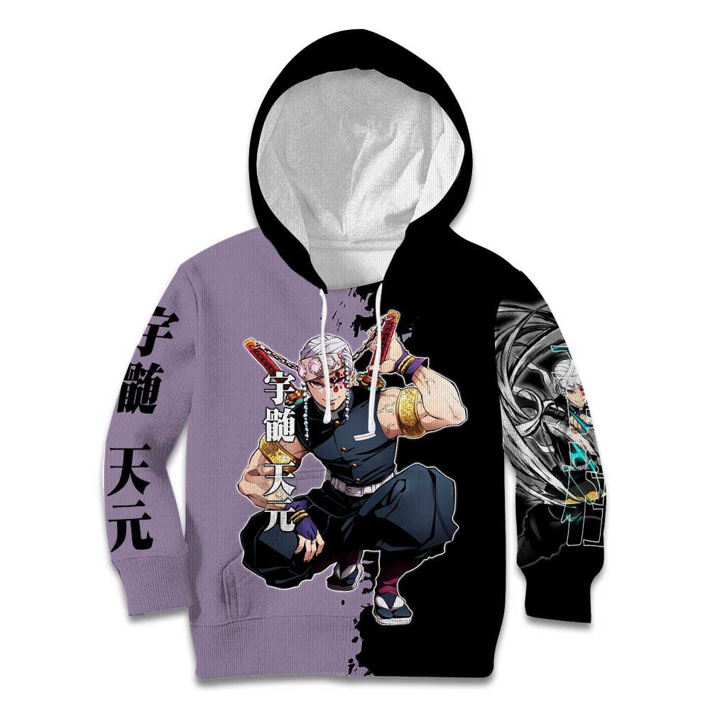 Tengen Uzui from Demon Slayer Kid Hoodie with Purple and Black Split Design and Dual Sword Manga Panel Layout - The Mazicc