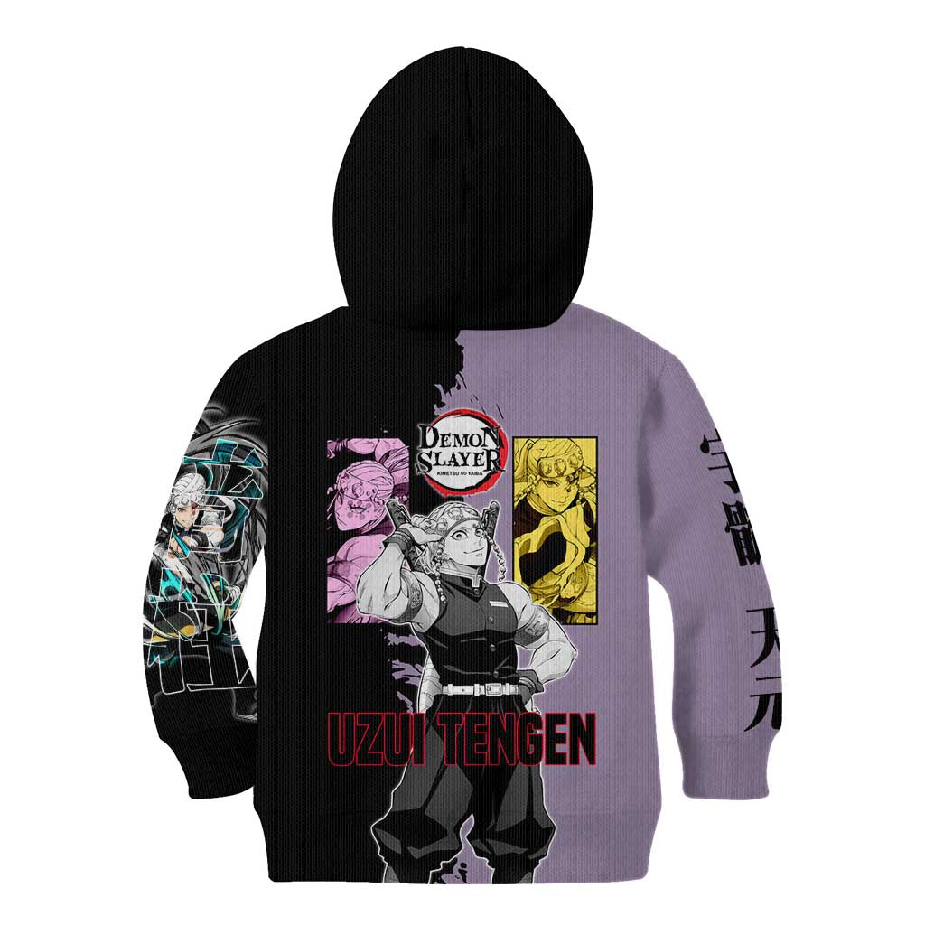 Tengen Uzui from Demon Slayer Kid Hoodie with Purple and Black Split Design and Dual Sword Manga Panel Layout - The Mazicc