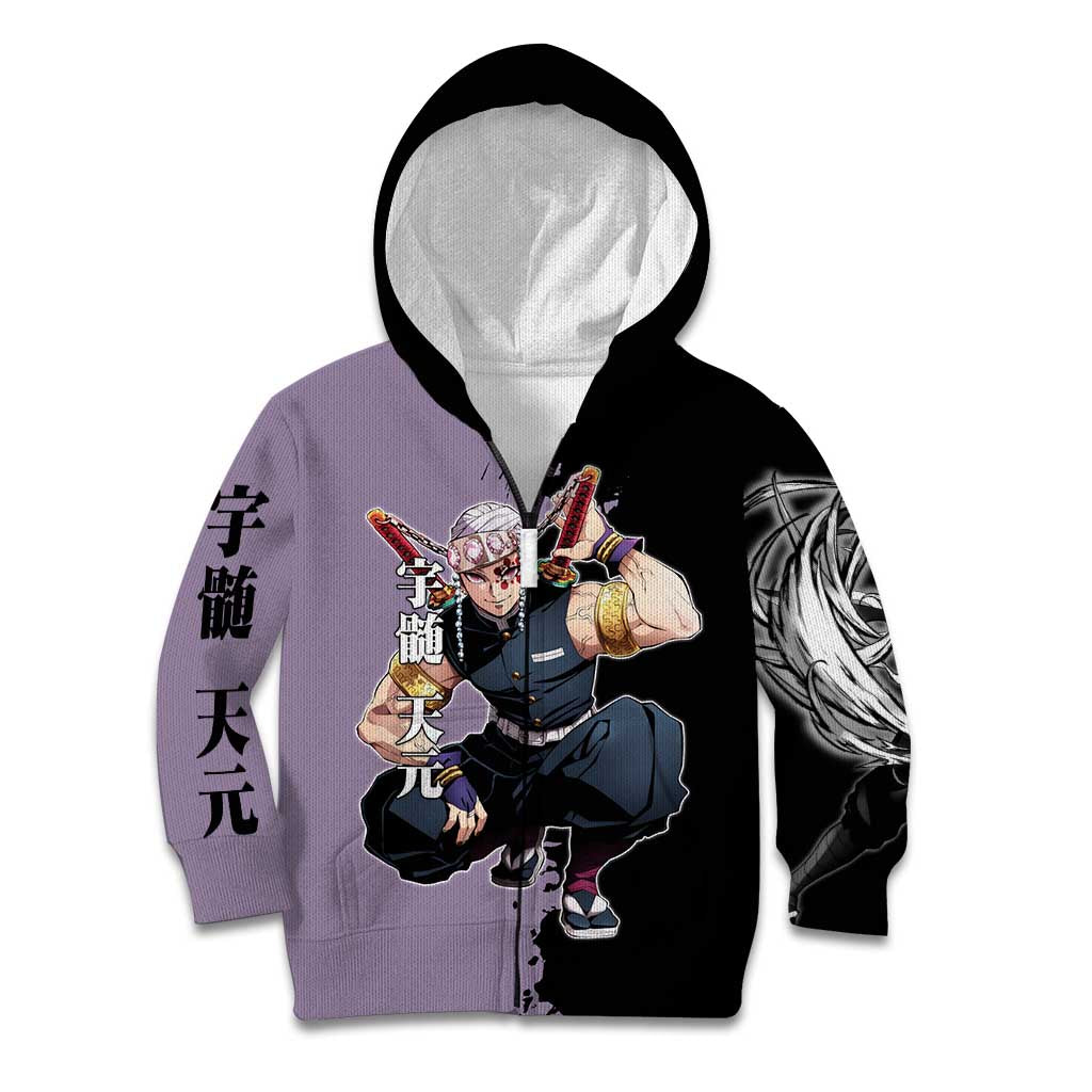 Tengen Uzui from Demon Slayer Kid Hoodie with Purple and Black Split Design and Dual Sword Manga Panel Layout - The Mazicc