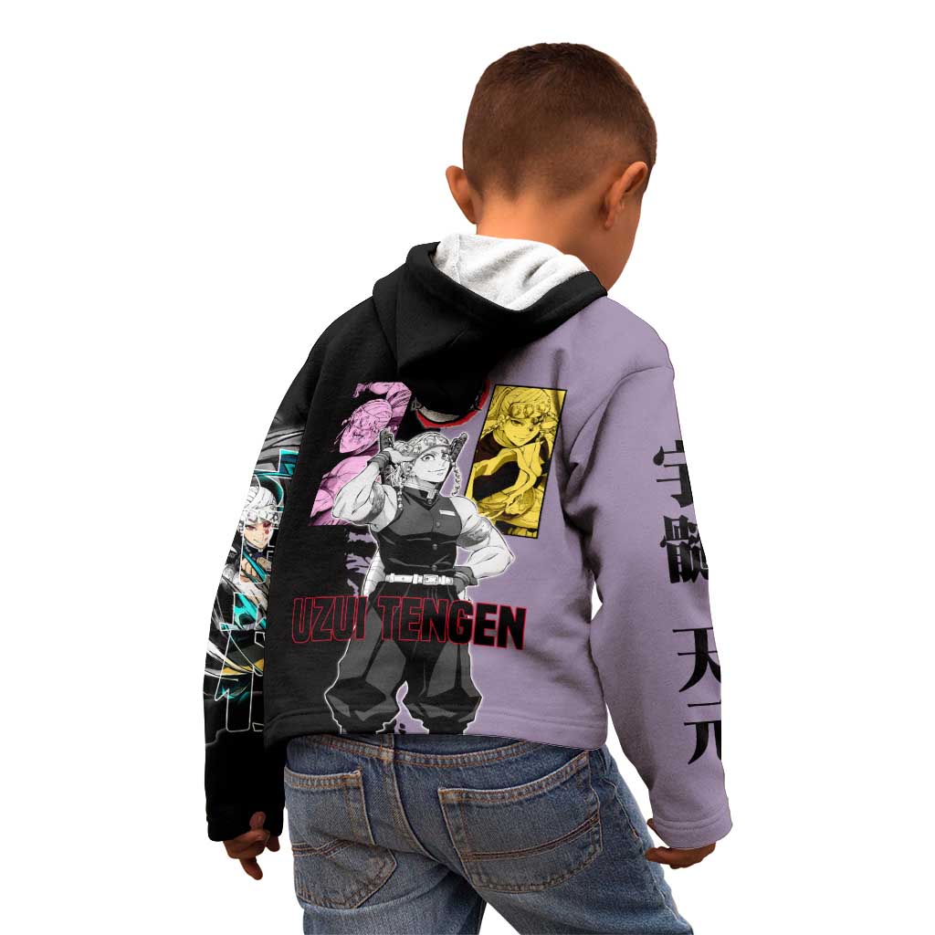 Tengen Uzui from Demon Slayer Kid Hoodie with Purple and Black Split Design and Dual Sword Manga Panel Layout - The Mazicc