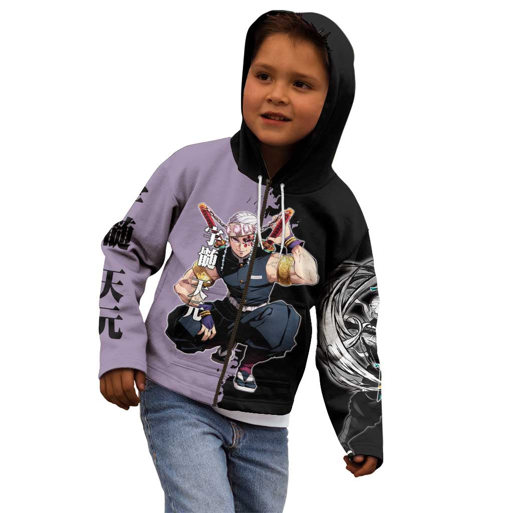 Tengen Uzui from Demon Slayer Kid Hoodie with Purple and Black Split Design and Dual Sword Manga Panel Layout - The Mazicc