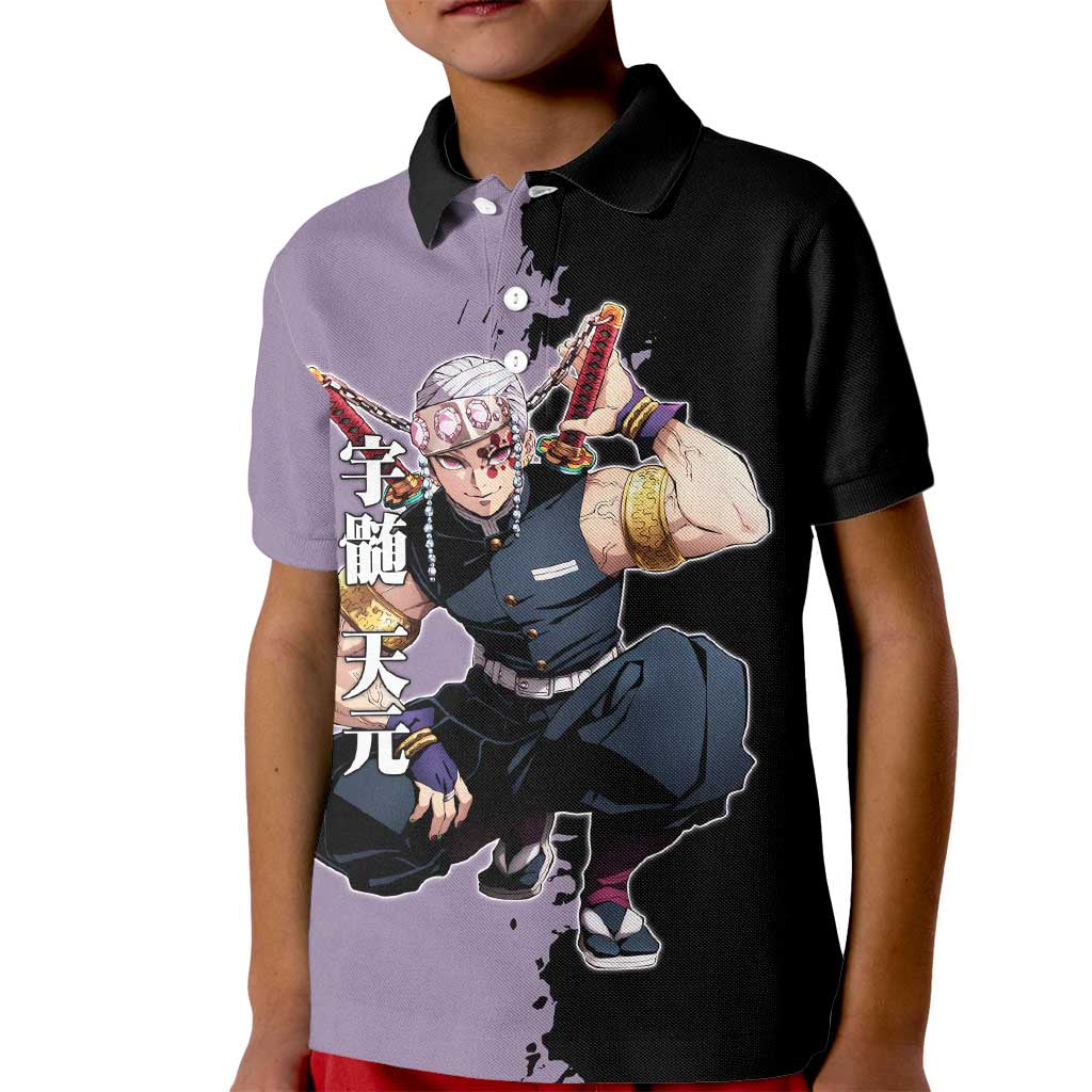 Tengen Uzui from Demon Slayer Kid Polo Shirt with Purple and Black Split Design and Dual Sword Manga Panel Layout - The Mazicc