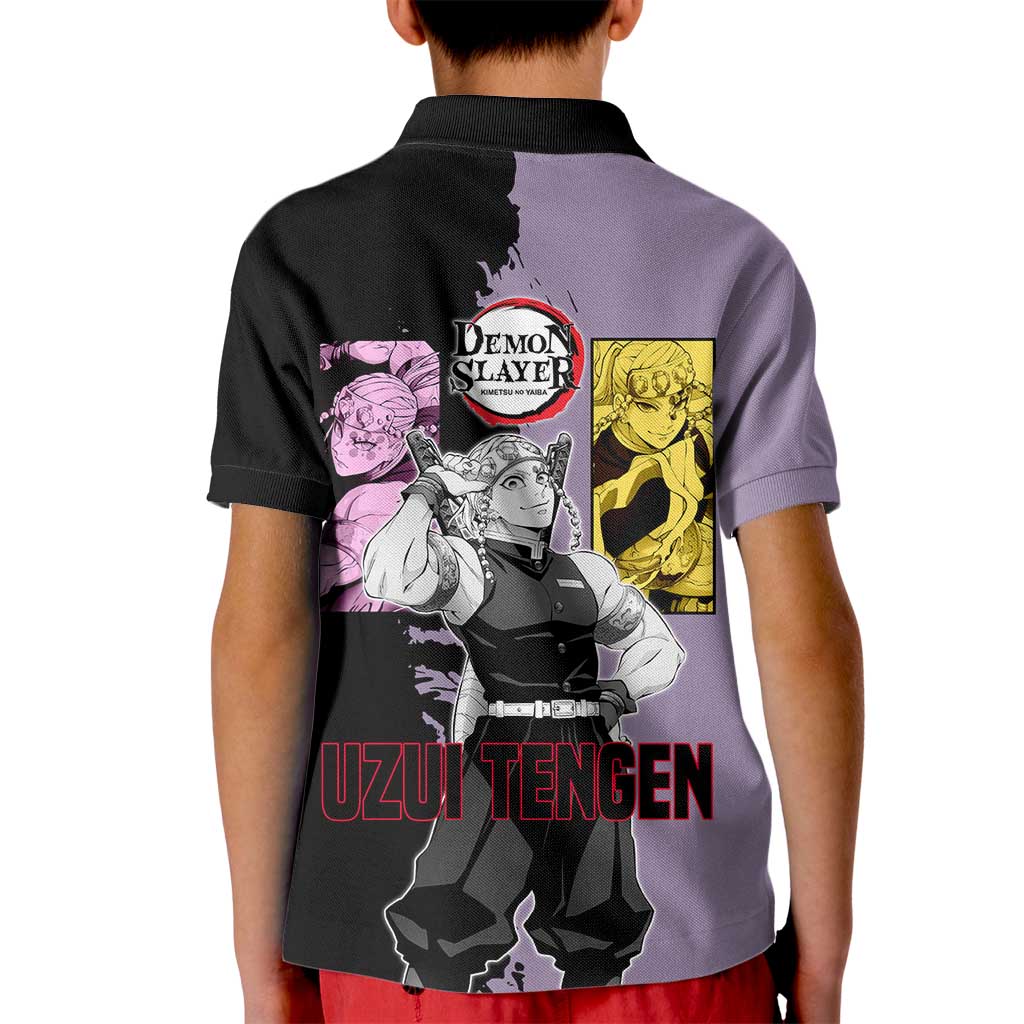 Tengen Uzui from Demon Slayer Kid Polo Shirt with Purple and Black Split Design and Dual Sword Manga Panel Layout - The Mazicc