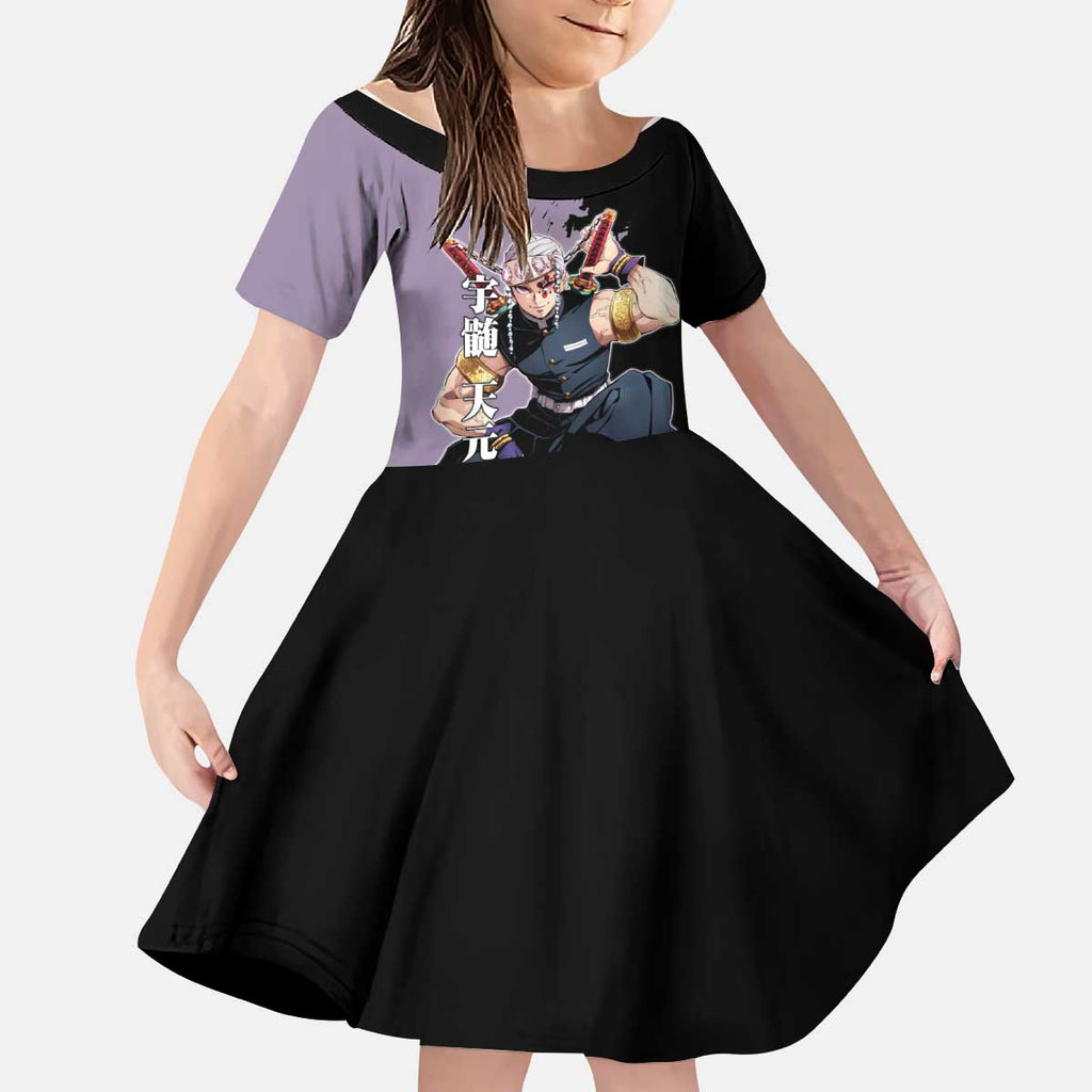 Tengen Uzui from Demon Slayer Kid Short Sleeve Dress with Purple and Black Split Design and Dual Sword Manga Panel Layout - The Mazicc