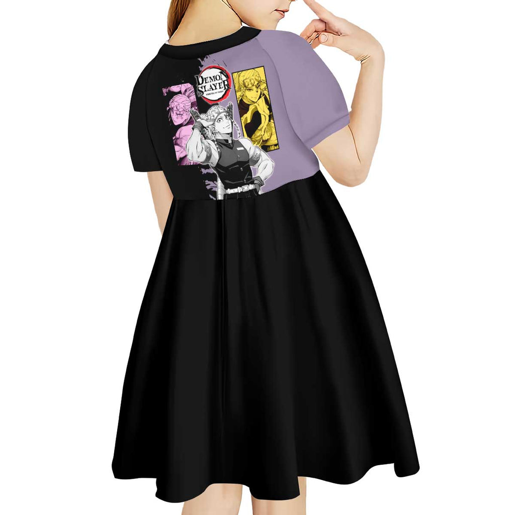 Tengen Uzui from Demon Slayer Kid Short Sleeve Dress with Purple and Black Split Design and Dual Sword Manga Panel Layout - The Mazicc