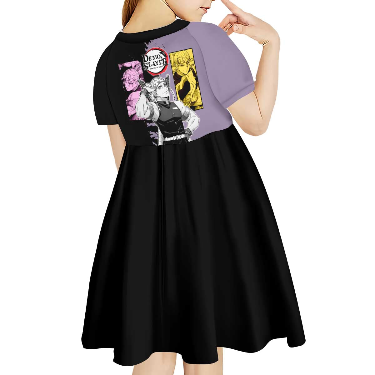 Tengen Uzui from Demon Slayer Kid Short Sleeve Dress with Purple and Black Split Design and Dual Sword Manga Panel Layout - The Mazicc