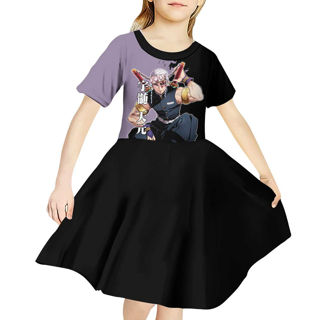 Tengen Uzui from Demon Slayer Kid Short Sleeve Dress with Purple and Black Split Design and Dual Sword Manga Panel Layout - The Mazicc