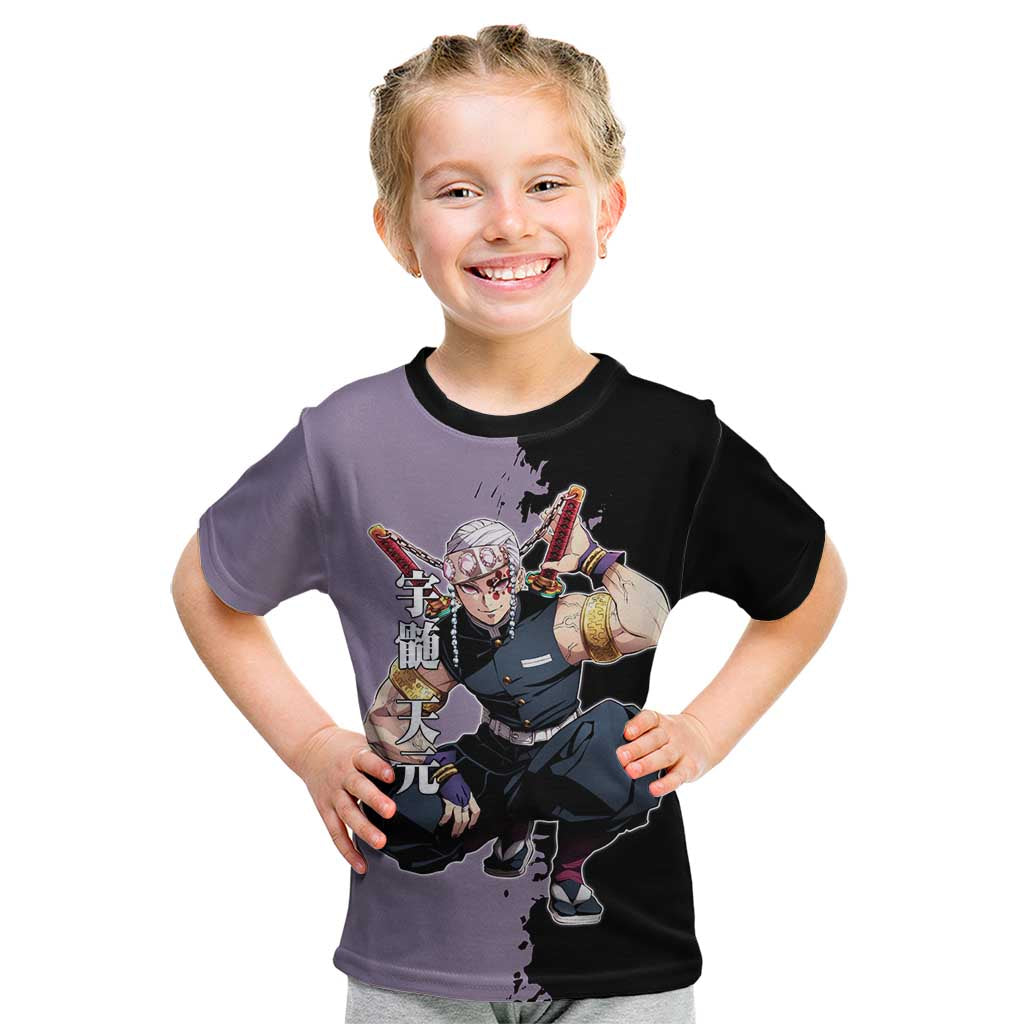 Tengen Uzui from Demon Slayer Kid T Shirt with Purple and Black Split Design and Dual Sword Manga Panel Layout - The Mazicc