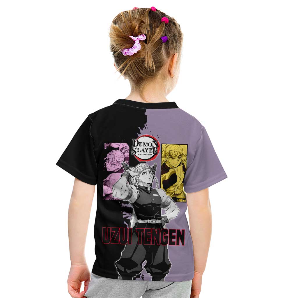 Tengen Uzui from Demon Slayer Kid T Shirt with Purple and Black Split Design and Dual Sword Manga Panel Layout - The Mazicc