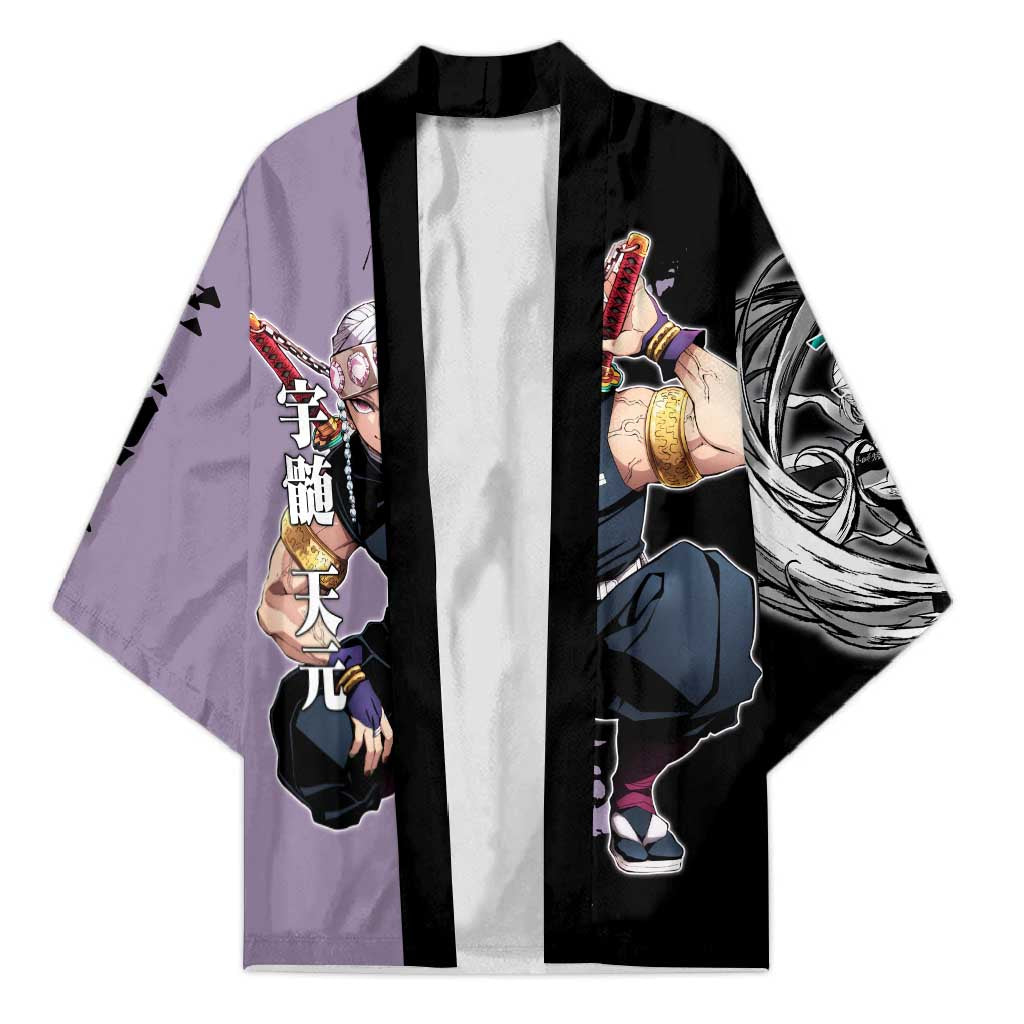 Tengen Uzui from Demon Slayer Kimono with Purple and Black Split Design and Dual Sword Manga Panel Layout - The Mazicc
